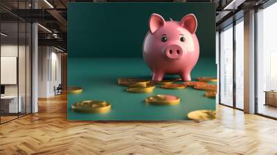 there is a pink piggy bank sitting on a pile of coins Wall mural