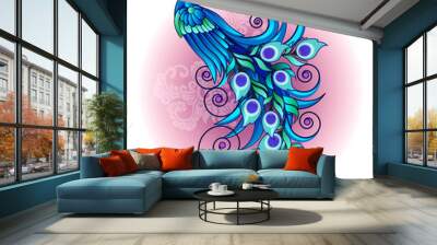 vector illustration, modification of a blue peacock, a long tail with a decorative style. Wall mural