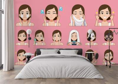 Skin care to asian teenager. Process of cleansing the face with products. Wall mural