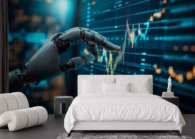 A  hand and robot arm reaching towards each other, with stock market charts in the background.  Wall mural