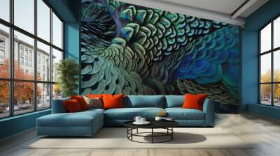 Peacocks, colorful details and beautiful peacock feathers. Wall mural