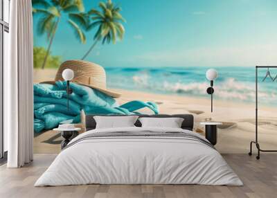 Summer hat on the sandy beach near the sea. Vacation concept Wall mural