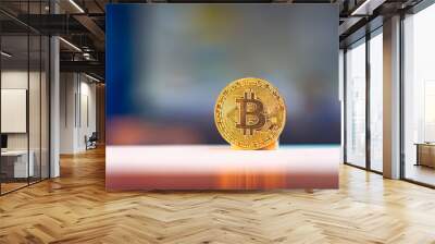 Closeup golden coins with bitcoin symbol, new virtual digital money Wall mural