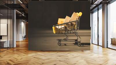 Mini shopping cart contain paper box using as e-commerce, online shopping and business marketing concept Wall mural