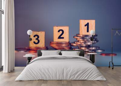 Wooden block number one two three on stack coins using as business development and financial concept Wall mural