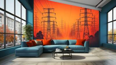 High voltage electricity towers at dusk Wall mural