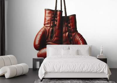 Old boxing gloves hanging on a white background Wall mural