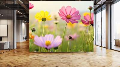 spring blooming, beautiful meadow field full of flowers of different colors in full bloom Wall mural