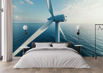 The powerful image of a wind turbine generator set against the vast ocean and clear skies, embodying the future of clean energy and the fight against climate change, with ample copy space. Wall mural