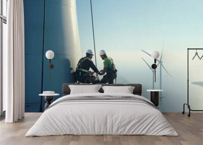 two technicians on top of a wind turbine trying to make it work well, renewable concept Wall mural