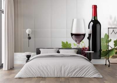 Red wine bottle and glass on a minimalist background Wall mural