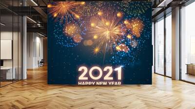 Greeting card Happy New Year 2021. Beautiful Square holiday web banner or billboard with text Happy New Year 2021 on the background of fireworks. - Vector Wall mural