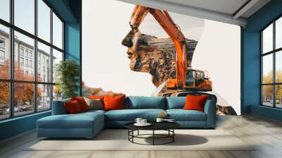 Double exposure of a man in a suit and a heavy construction machinery excavator Wall mural