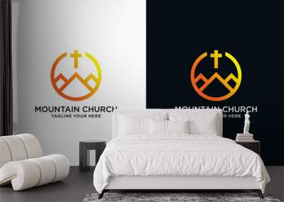 Church Logo. Cross and Mountain logo design vector template. Wall mural