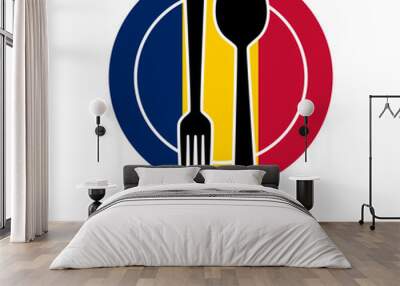 Romania Restaurant food logo. Flag symbol with plate spoon and fork Icon Template Illustration Design Wall mural