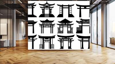 Set collections Japanese traditional gate black silhouette icon symbol. Torii gate castle design vector illustration Wall mural