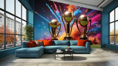 gold trophies on a green field, surrounded by exploding colorful smoke. Wall mural