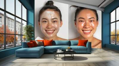 Before and after Portrait of beautiful senior woman touching her perfect skin and looking at camera. Closeup face of mature woman with wrinkles massaging face isolated over white background.  Wall mural