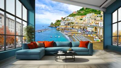 View of Atrani village along Amalfi Coast in Italy on a cloudy day in summer. Wall mural