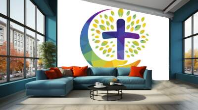 Church care vector logo design template. Cross tree with human hand icon logo design. Wall mural