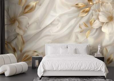 3D mural wallpaper flowers in gold and cream colors high quality AI generated image Wall mural