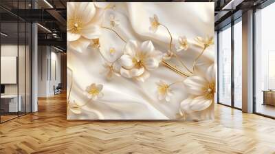 3D mural wallpaper flowers in gold and cream colors high quality AI generated image Wall mural