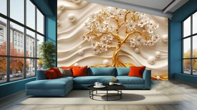 3D wallpaper with gold tree life white pearl and flowers, 3D mural wallpaper high quality AI generated image Wall mural