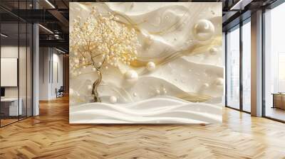 3D wallpaper with golden tree, 3D mural wallpaper gold tree and pearl high quality AI generated image Wall mural