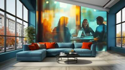 Blurred silhouettes of business people in a modern office setting with sunlight filtering through large windows. AI generated image Wall mural