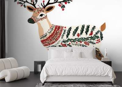 Christmas Reindeer Illustrations Decorated with Ornaments and Festive Patterns. AI generated image Wall mural