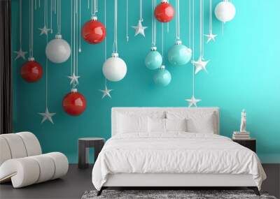 Colorful and festive Christmas ornaments hanging on a bright background. AI generated image Wall mural