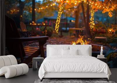 Cozy autumn patio with a fire pit surrounded by chairs and string lights. AI generated image Wall mural