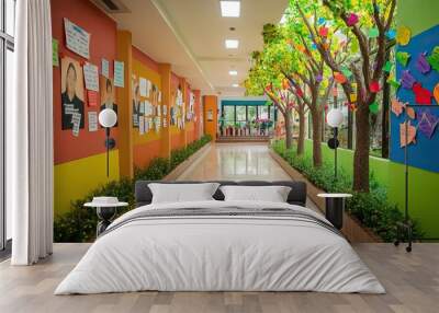 Creative kindergarten hallway decorated with a tree. AI generated image Wall mural