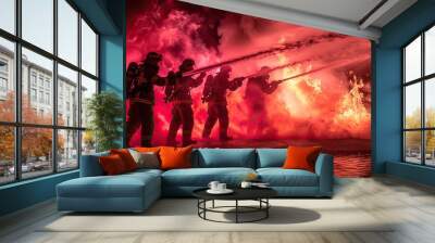 Firefighters battling intense flames with hoses. AI generated image Wall mural