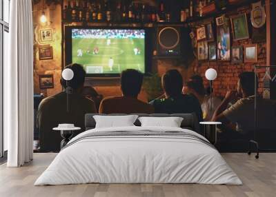 Friends watch sport tv in the pub. Soccer or football fans High quality AI generated image Wall mural