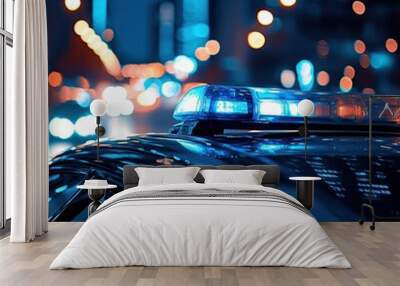 Police car with flashing lights at night. AI generated image Wall mural