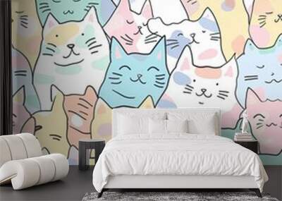 Seamless doodle cat pattern illustration. Cartoon style pastel color kittens. High quality AI generated image Wall mural