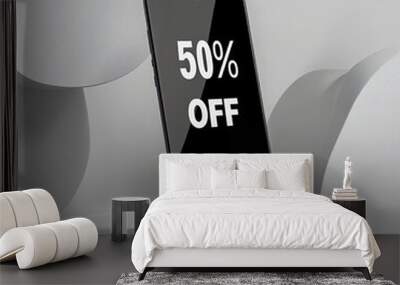 Smartphone displaying discount in a minimalist black and white design, AI generated image. Black Friday shopping online Wall mural