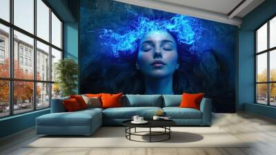 Woman with glowing brain lies peacefully with closed eyes, surrounded by electric blue energy and Sleep. AI generated image Wall mural