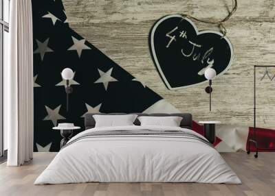 4th July date in black heart and united states flag, vintage style Wall mural