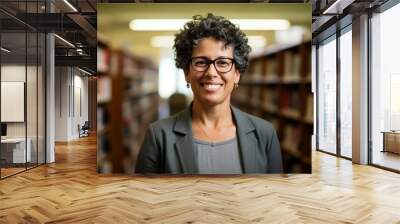 A librarian amidst bookshelves meets the camera with a friendly smile. Wall mural