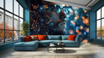 A man with glasses looking at a blurry image of himself Wall mural