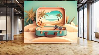 A suitcase with sunglasses and a palm tree in the background Wall mural