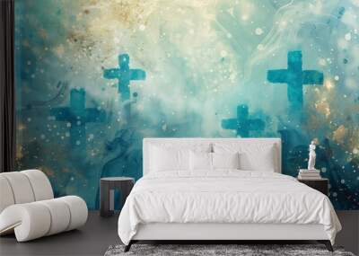 Abstract background with fluid watercolor-like patterns in sky blue and gold glowing points blurred cross silhouettes and soft gradients Wall mural