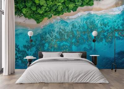 Aerial view of turquoise ocean with coral reefs white beaches and palm trees Wall mural