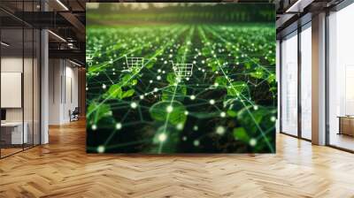 Agricultural e-commerce concept with connected shopping carts in a digitalized crop field Wall mural