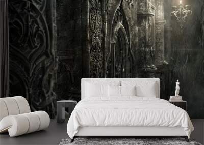 Ancient walls with ornate engravings and dark gradients lit by dim flickering light Wall mural