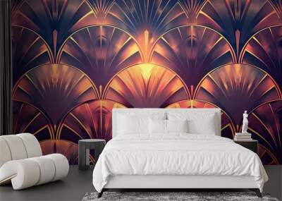 Art Deco wallpaper with bronze fans over a gradient of deep red and violet hues Wall mural