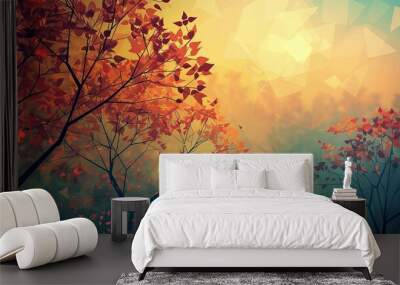 Autumn wallpaper featuring angular trees in rich amber and maroon with soft light Wall mural