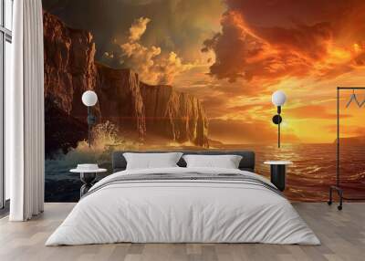 Background featuring a dramatic coastal cliff at sunset with crashing waves and warm colors in the sky Wall mural